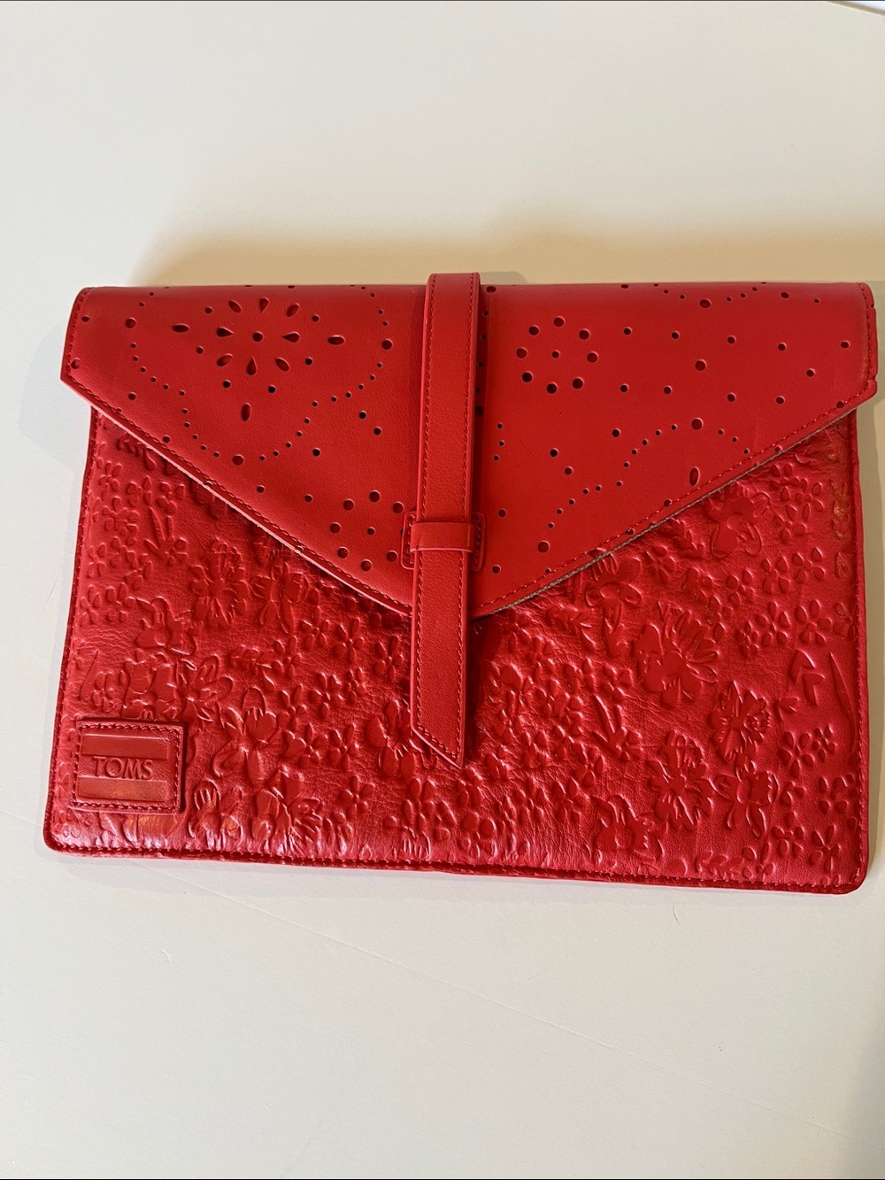 TOMS Red Floral-Textured Envelope Clutch with Perforated Flap